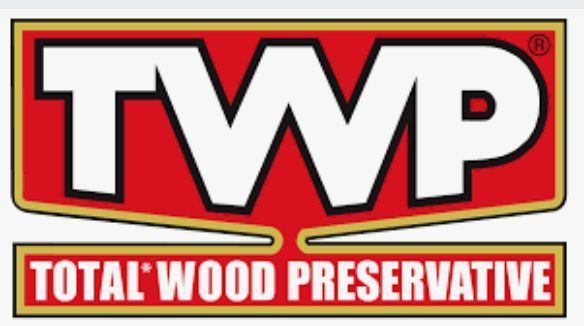 TWP logo: White letters on red, outlined in gold, above 