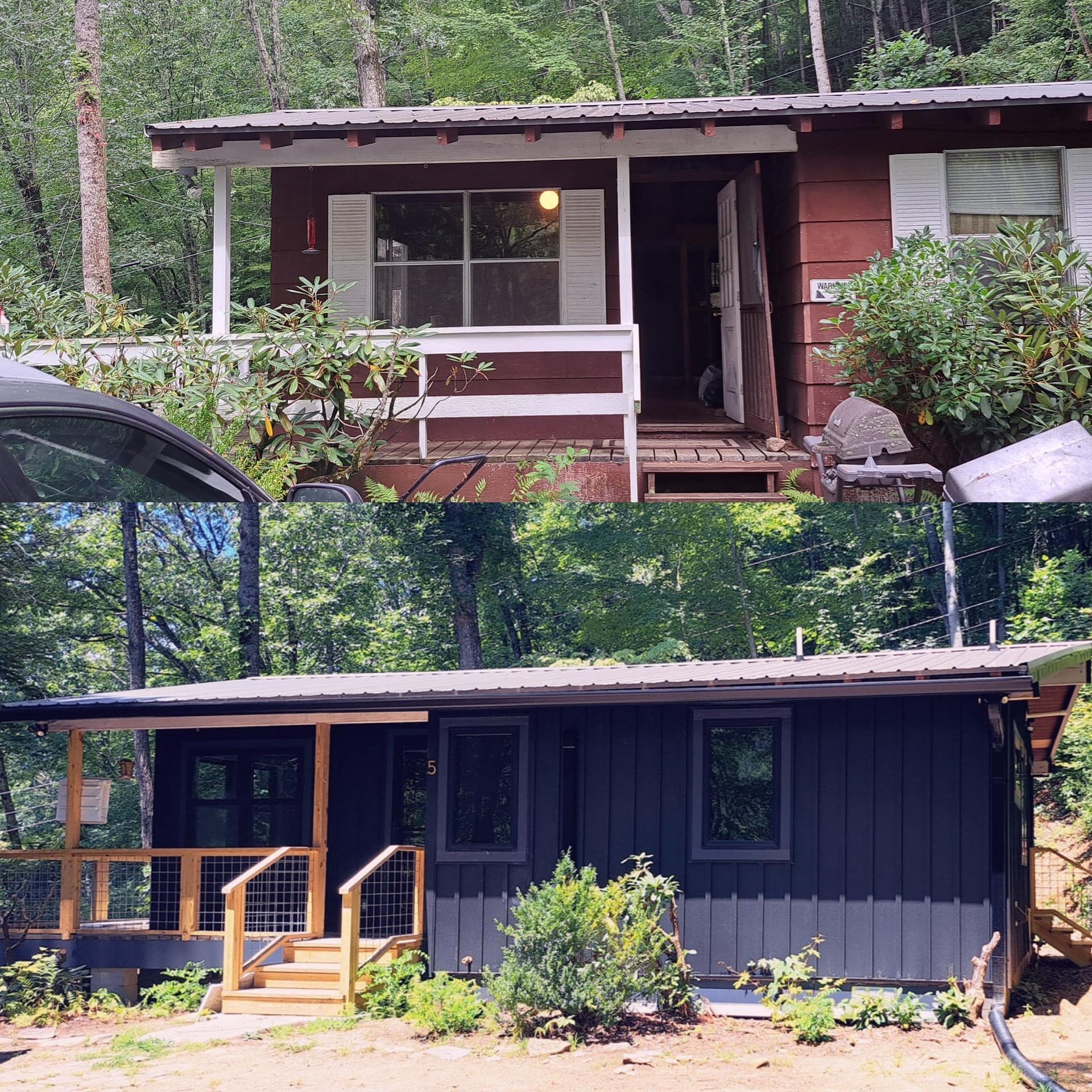 Before and after photos of a small cabin renovation. Old, weathered red cabin transforms to a modern dark grey with a new porch.