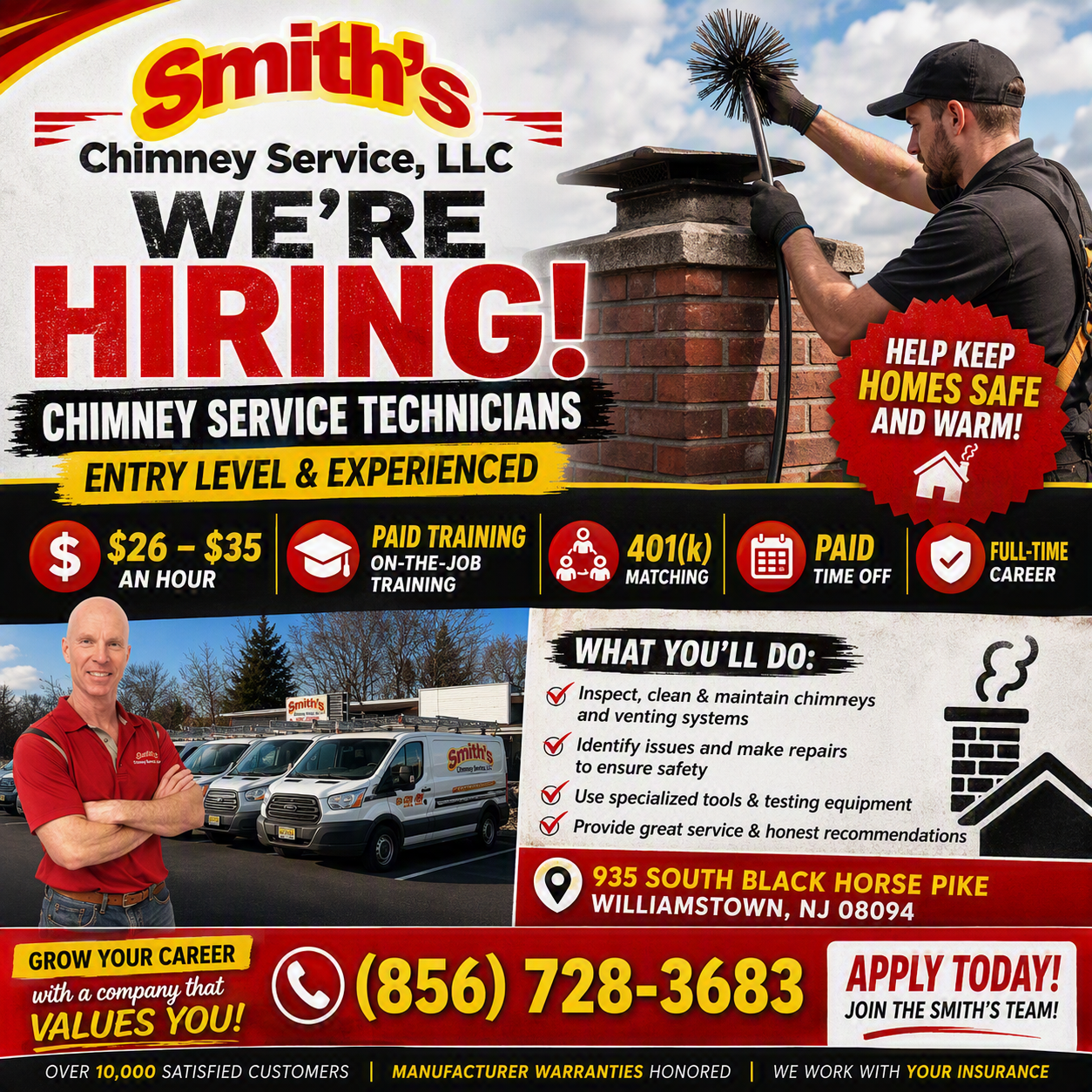 Smith’s Chimney Service hiring ad with technician and emergency chimney cleaning services.