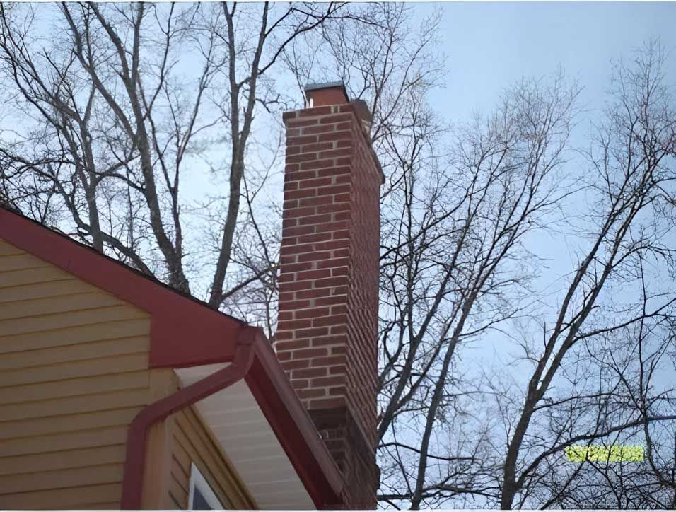 Brick chimney extending above a house roof; bare tree branches in background.
