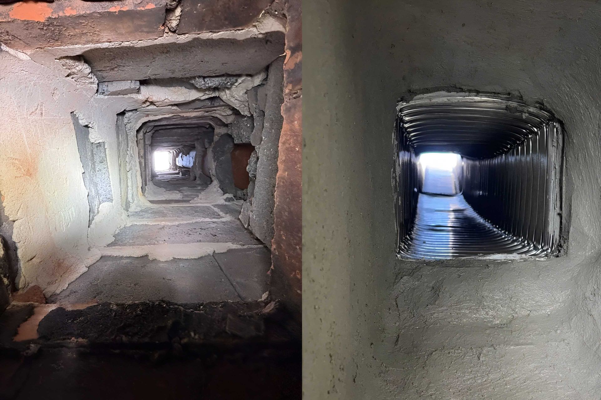 Two views inside a chimney; one brick, damaged; the other a smooth, metal liner.