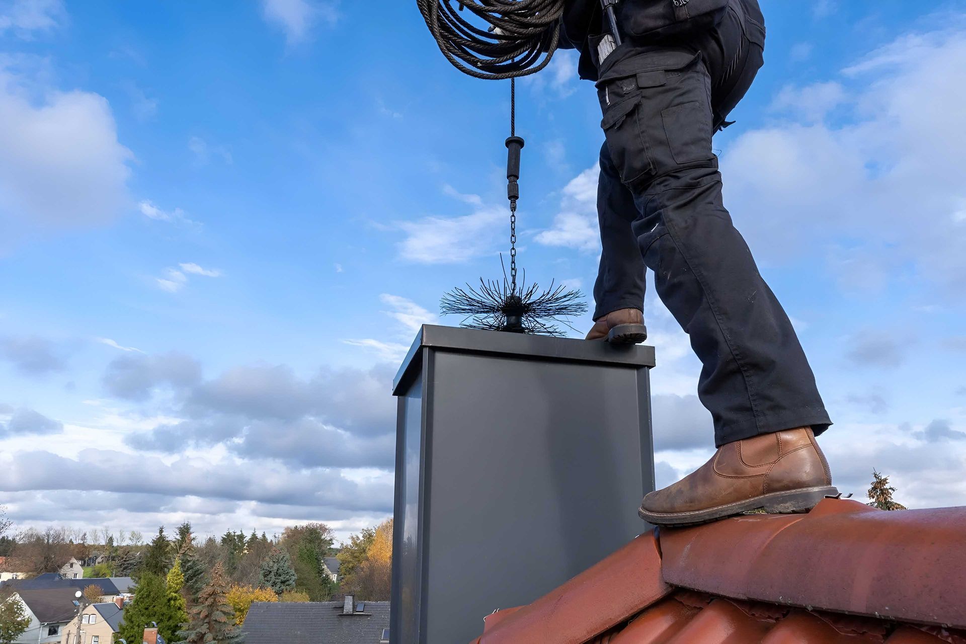 Chimney sweep on rooftop, cleaning chimney with brush and cable, blue sky background.