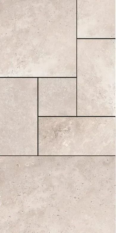 Tan, beige, and gray interlocking rectangular floor tiles in a geometric pattern