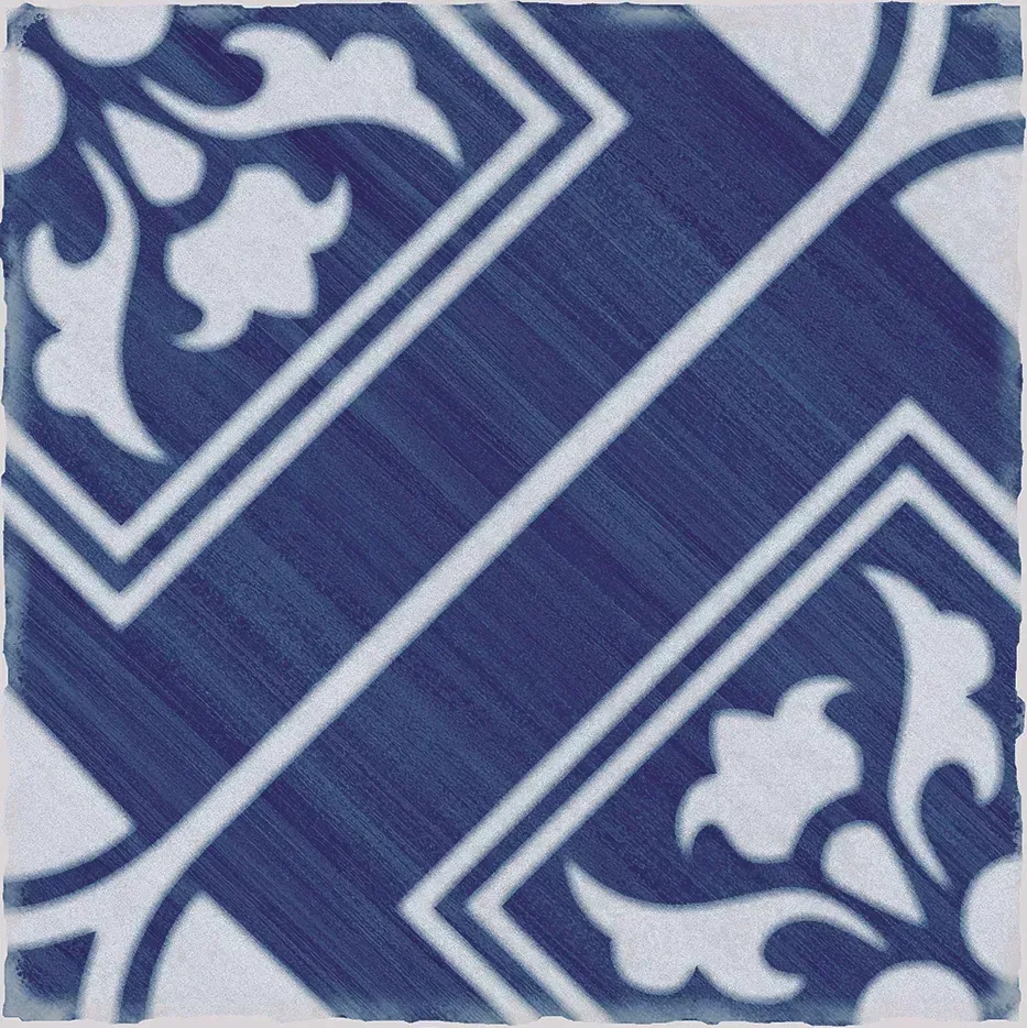 Blue and white patterned ceramic tiles with diagonal geometric and floral motifs
