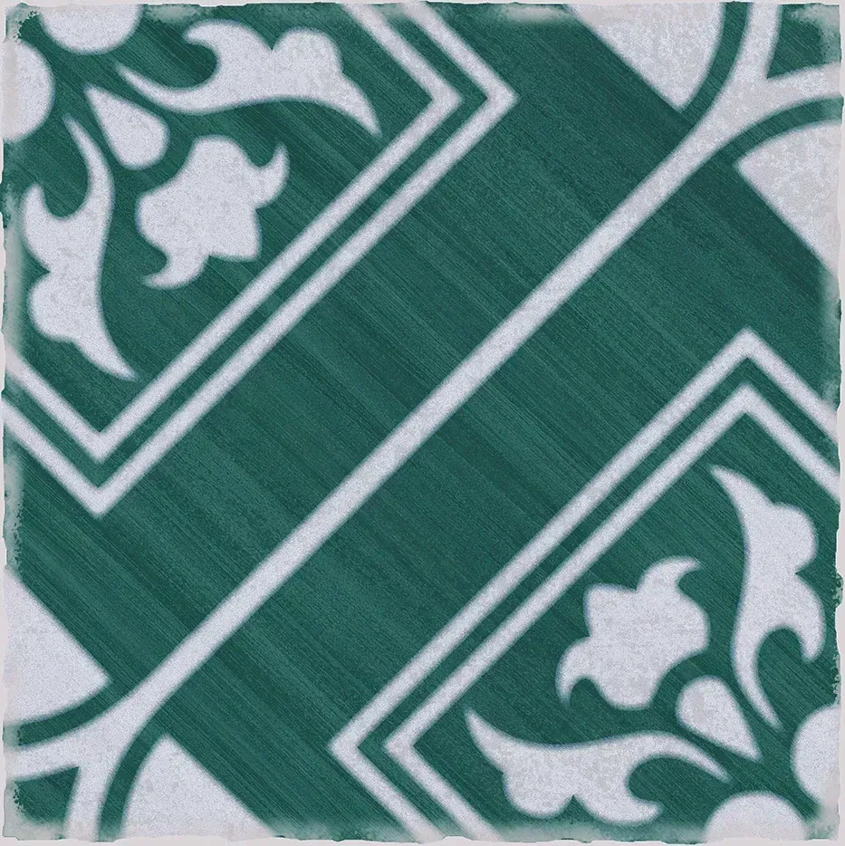 Green and white patterned fabric with diagonal stripes and floral motifs