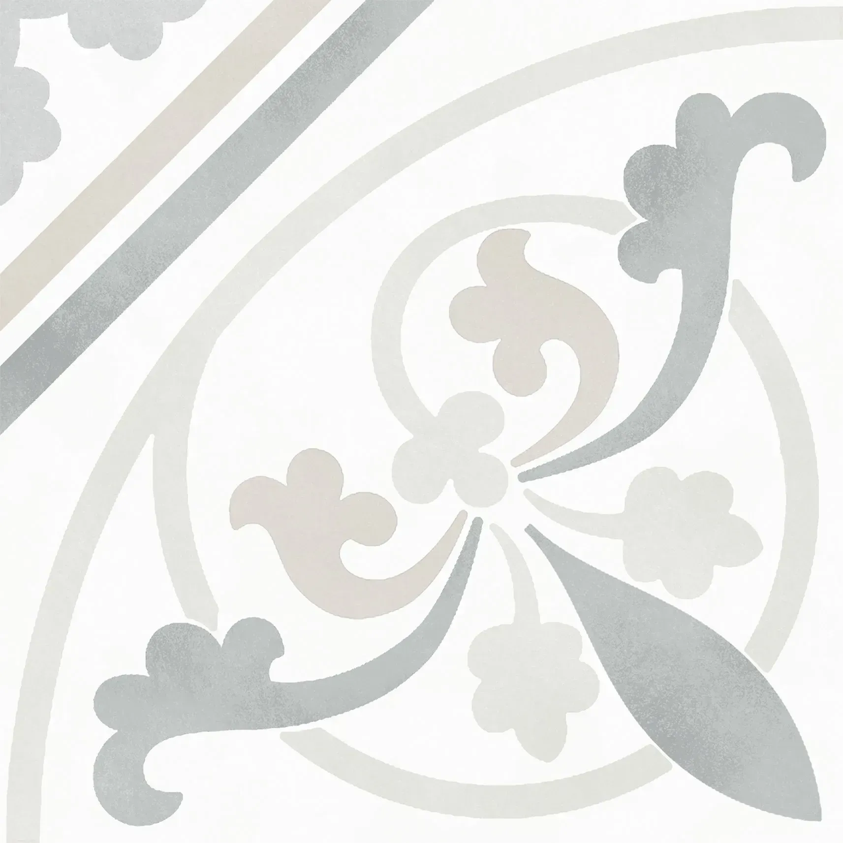 Gray floral ornament with swirling leaves and abstract petals on a light background