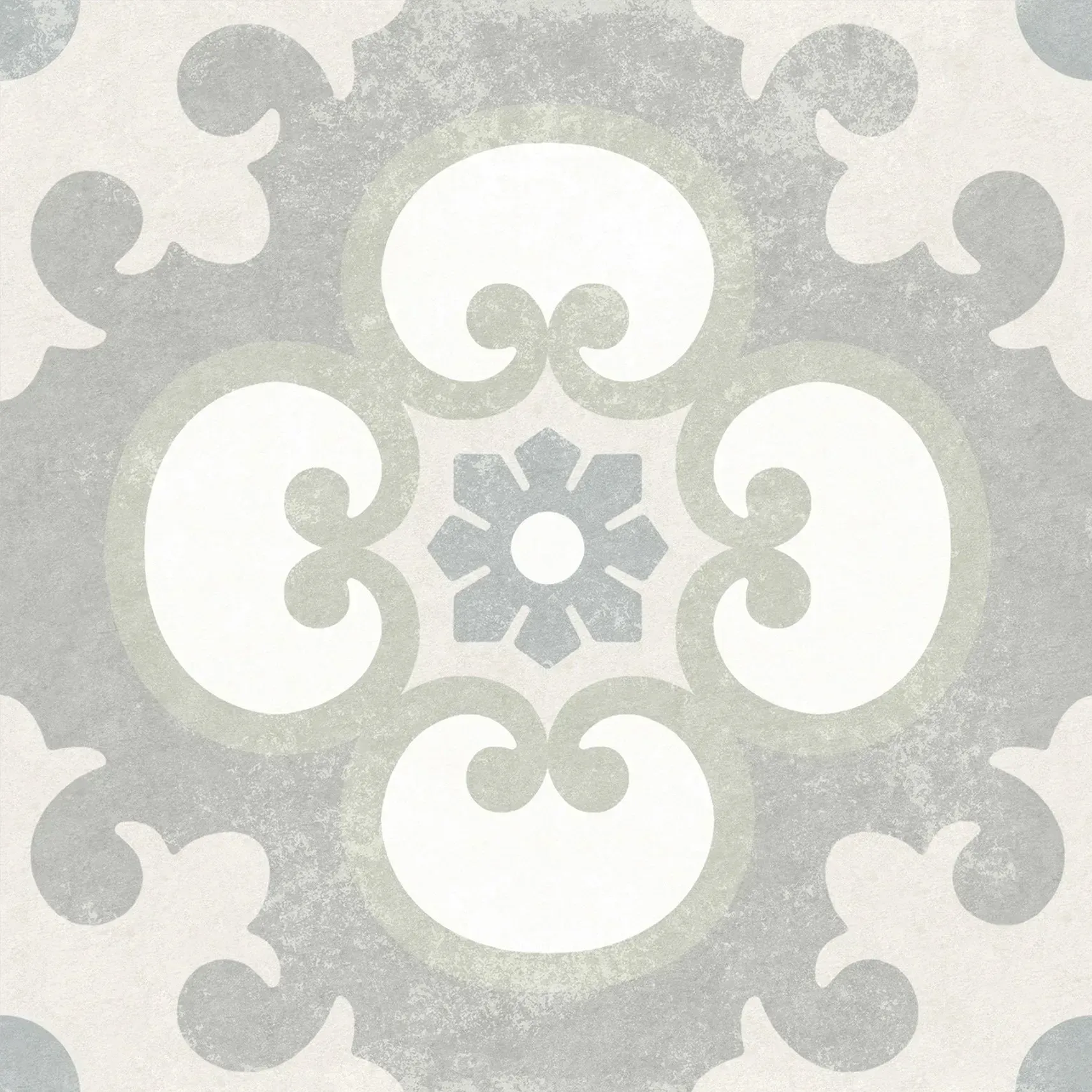 Abstract gray and white ornamental tile pattern with a symmetrical floral medallion.