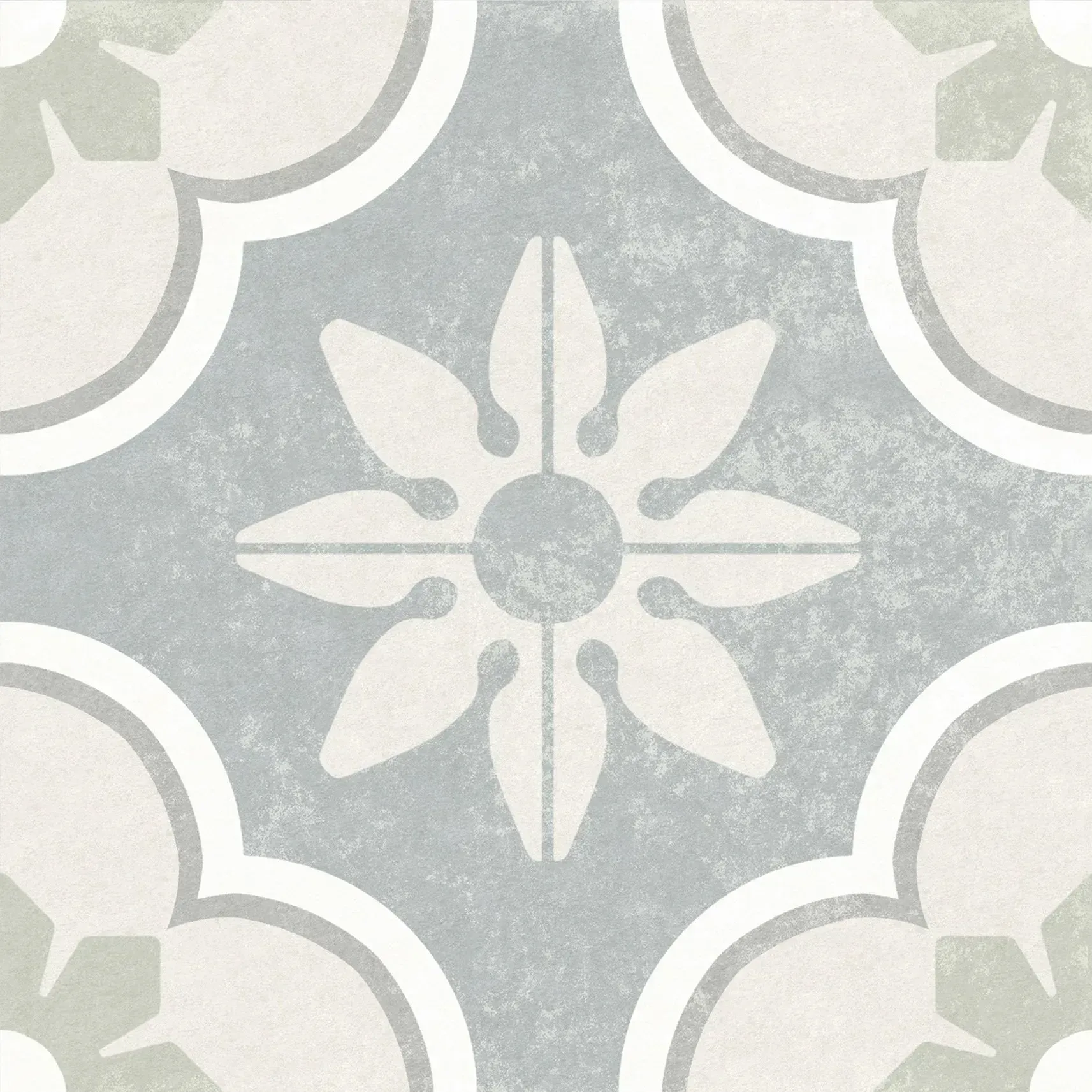 Gray and white decorative tile pattern with a floral medallion center