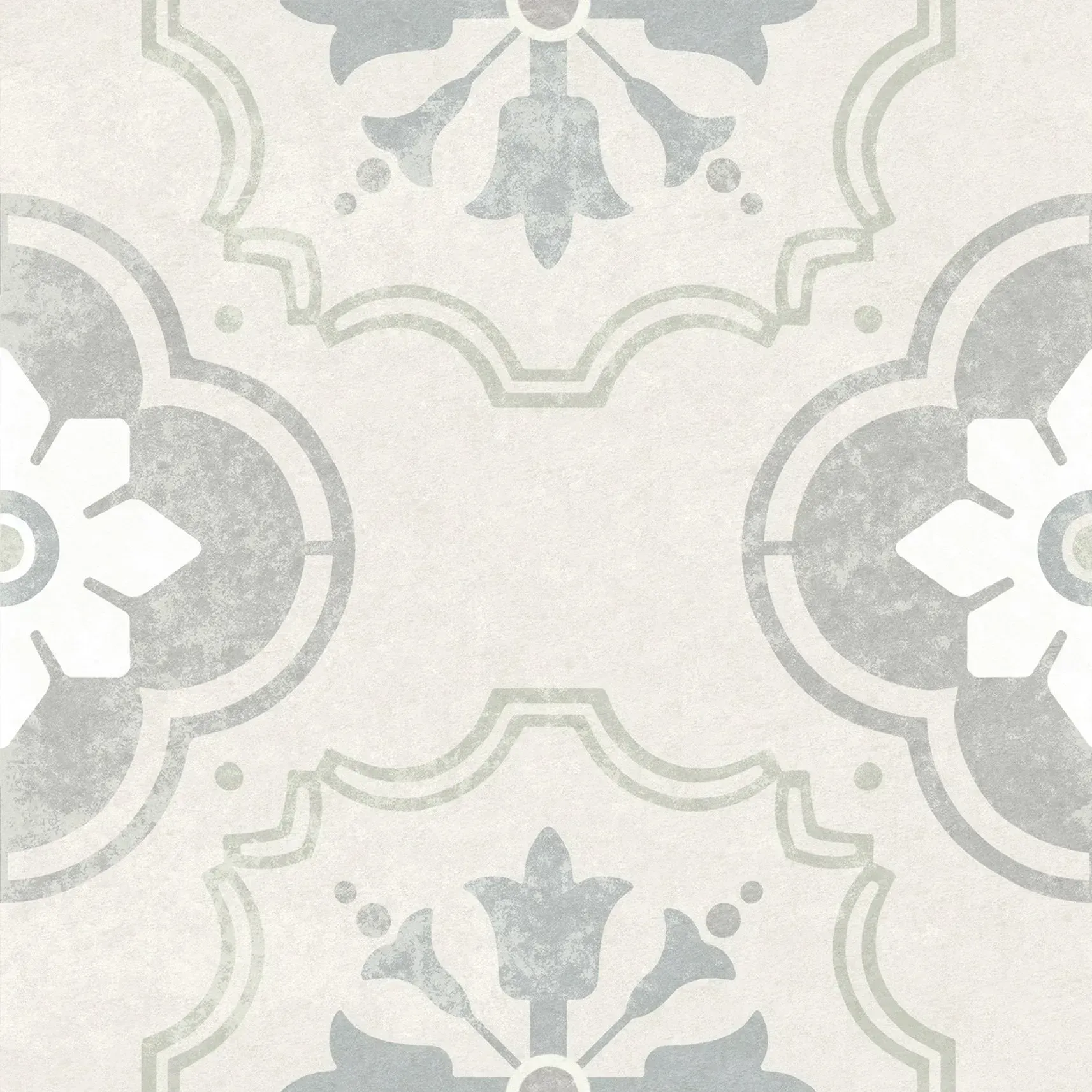 Pale gray and cream decorative tile pattern with floral and geometric motifs
