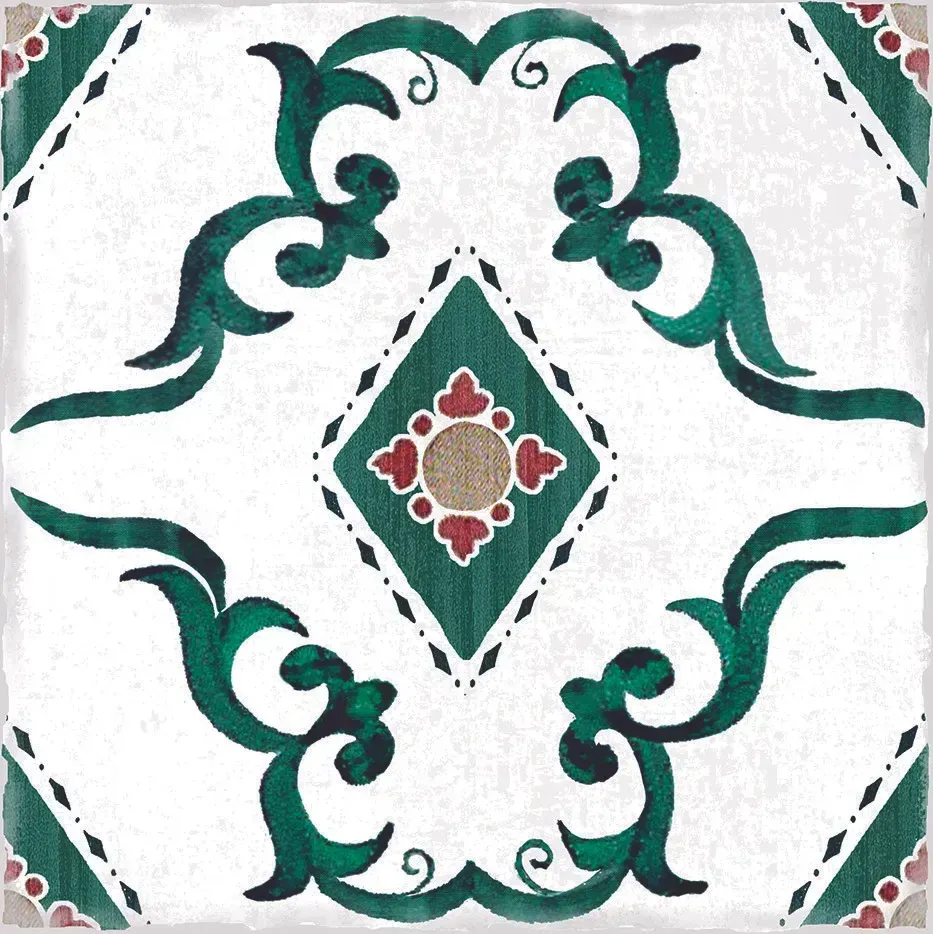 Symmetrical teal and red ornamental tile pattern with a central diamond medallion