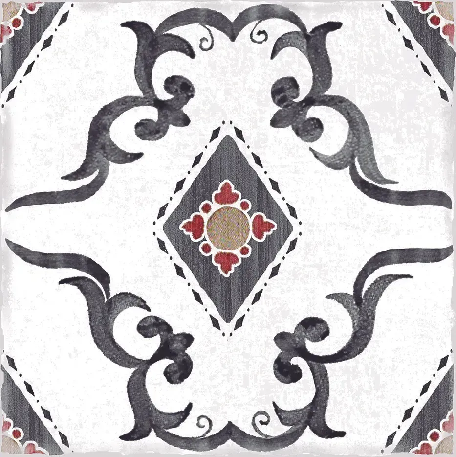Black ornamental floral pattern on a white diamond tile background, with a red-and-gold center medallion