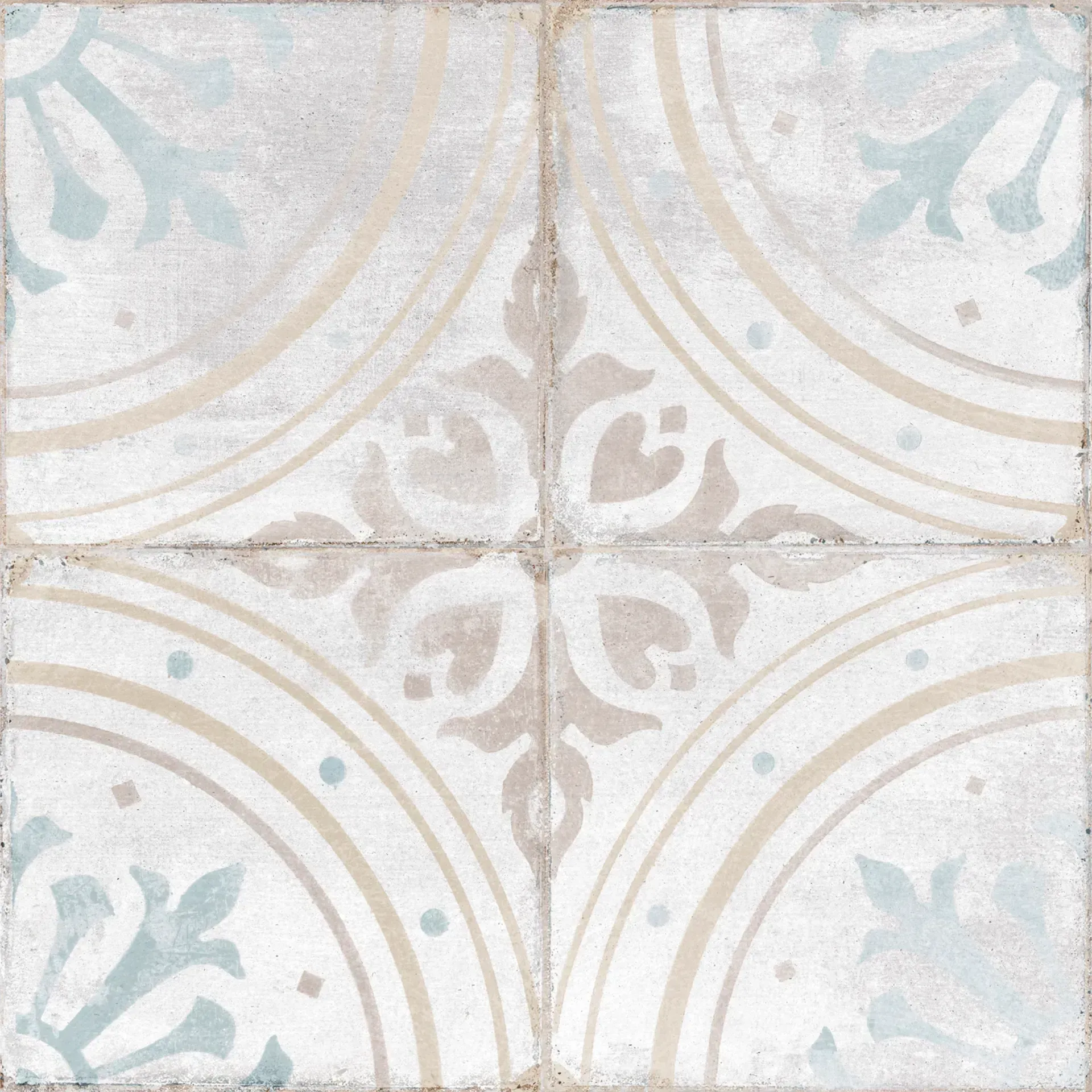 Pale beige and gray decorative tile pattern with curved floral motifs and small blue dots