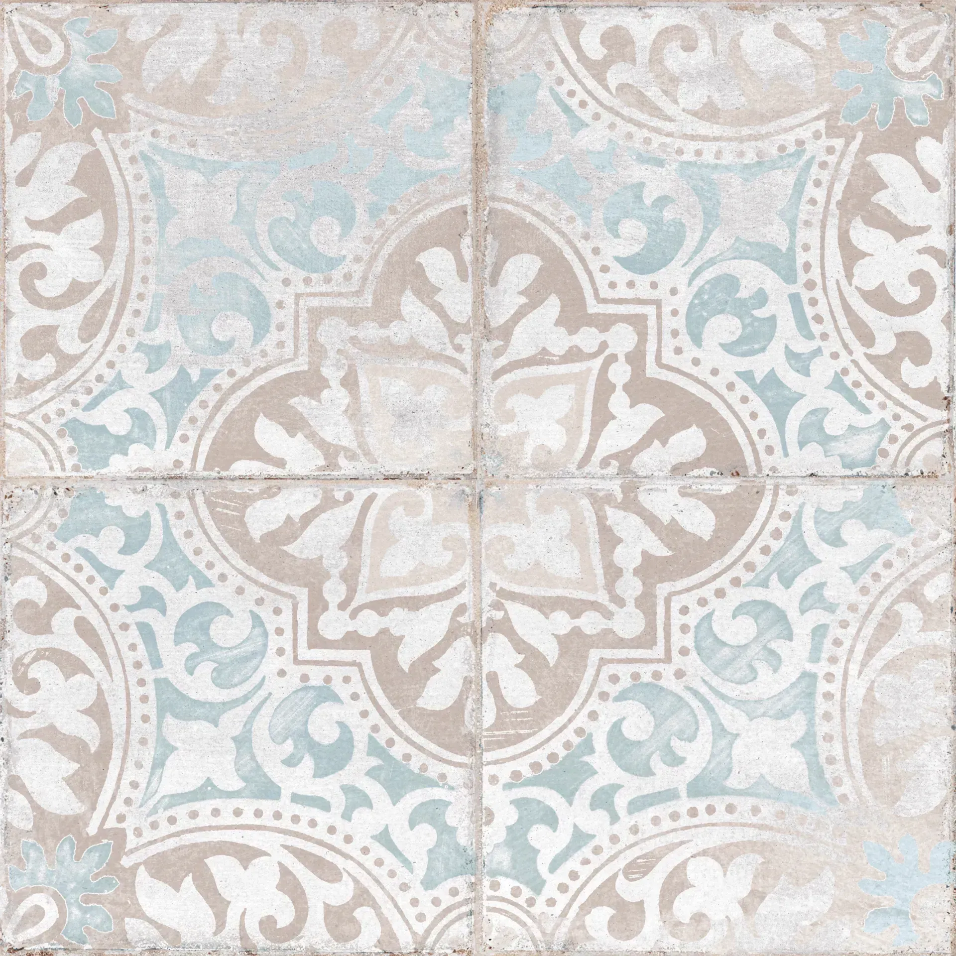 Pastel geometric tile pattern with ornate floral motifs in beige, blue, and white