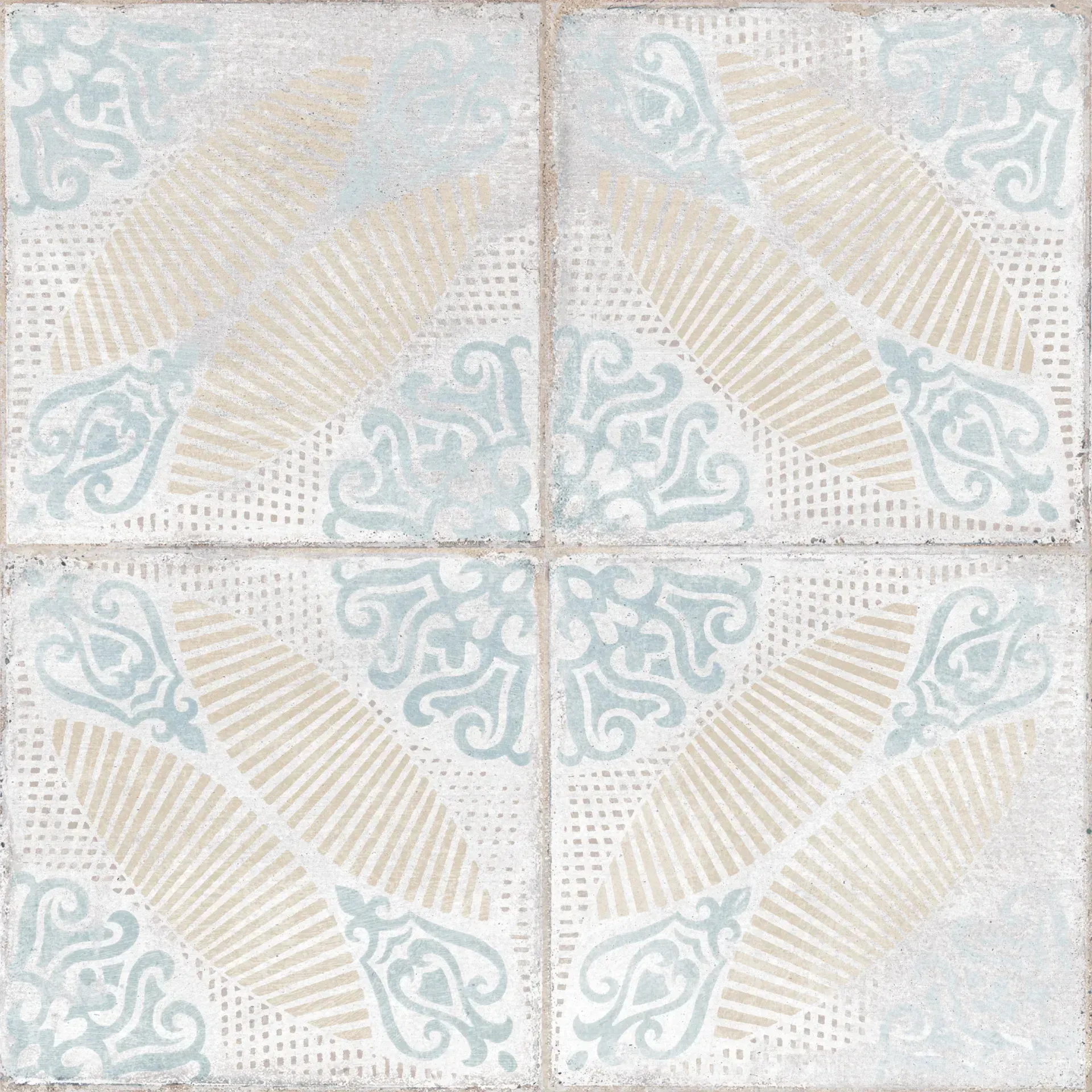 Pale blue and beige patterned tile with symmetrical four-panel geometric design
