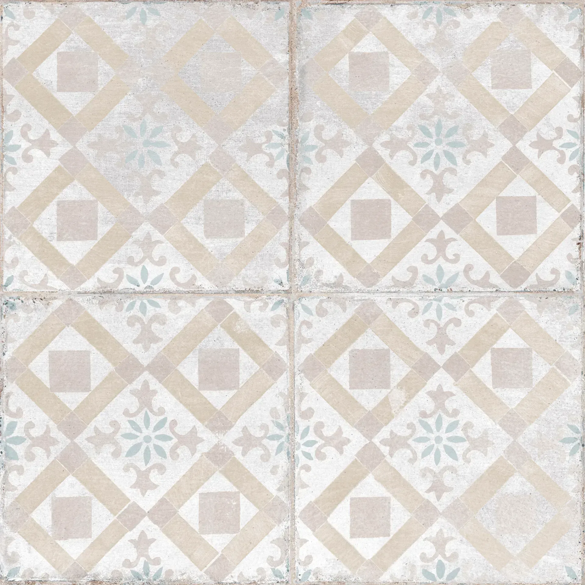 Beige patterned tile wall with repeating diamond and floral motifs