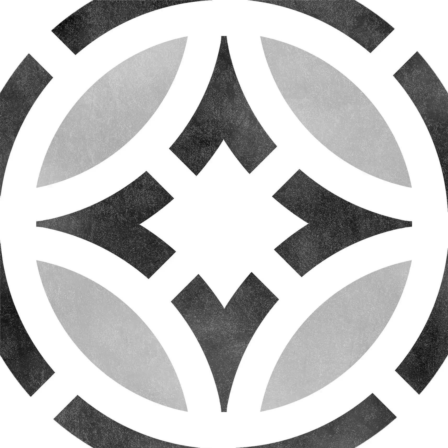 Abstract black-and-white circular geometric logo with four leaf-like shapes and a central diamond pattern