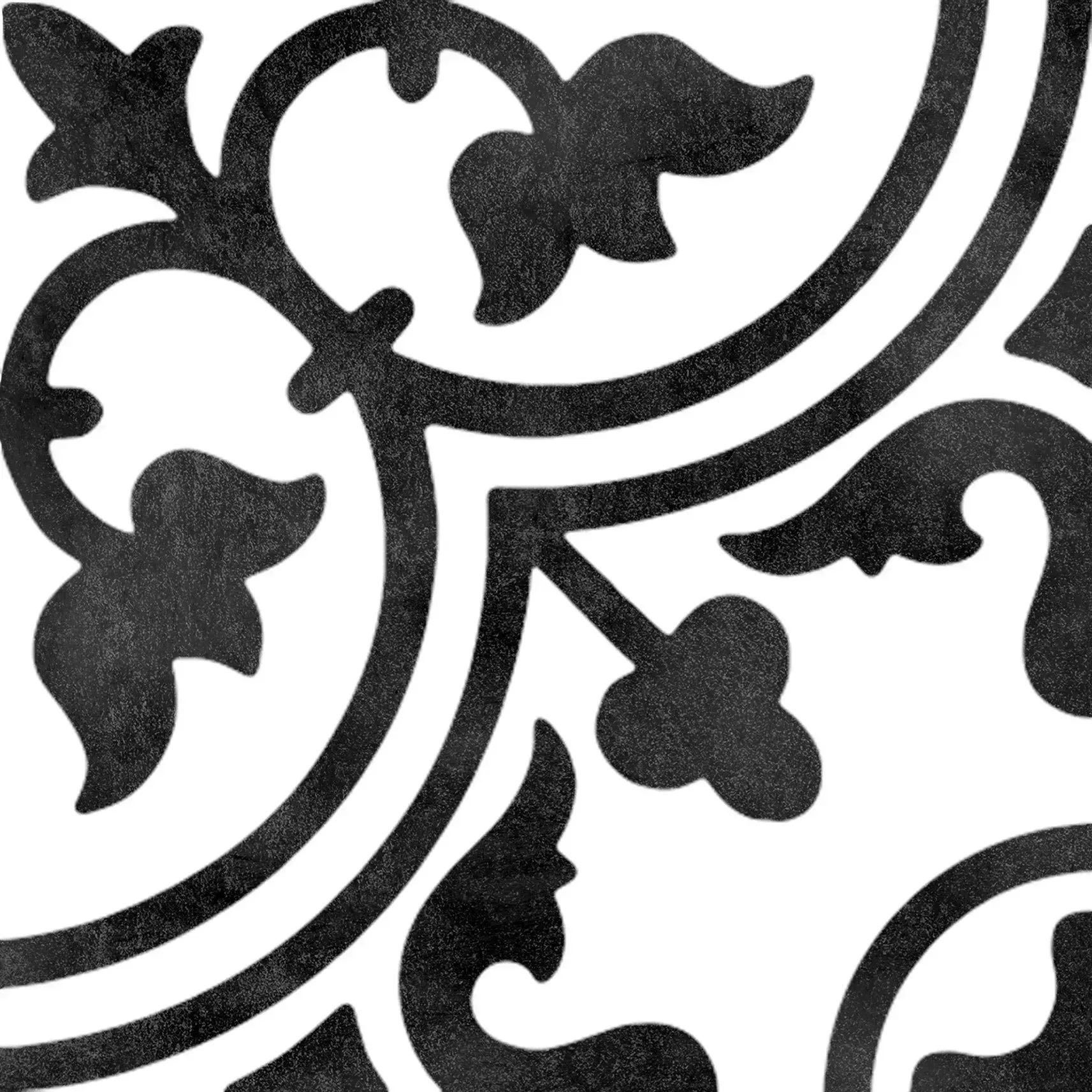 Black and white ornate floral tile pattern with curved decorative vines and leaves