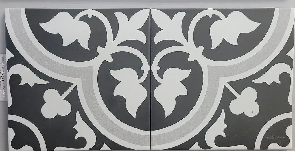 Gray and white decorative floral tile pattern with symmetrical ornate curves