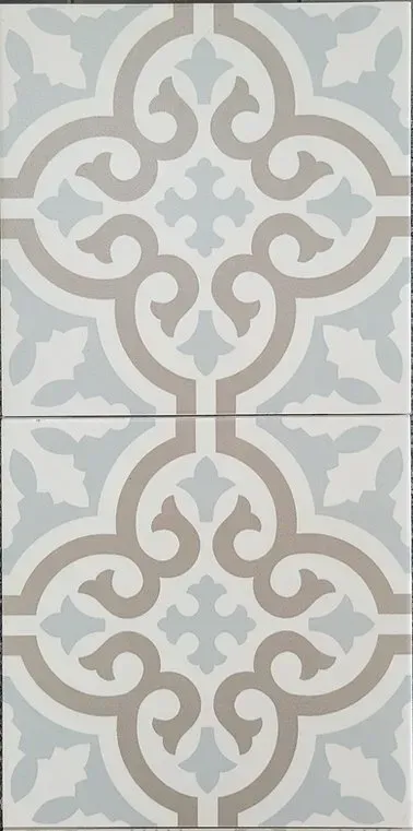 Two stacked photos of beige and gray ornate tile patterns with a symmetrical floral design