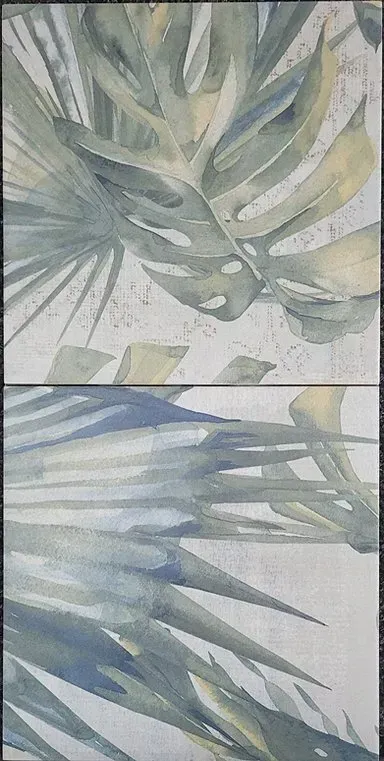 Abstract tropical leaf pattern in muted green, gray, and cream tones