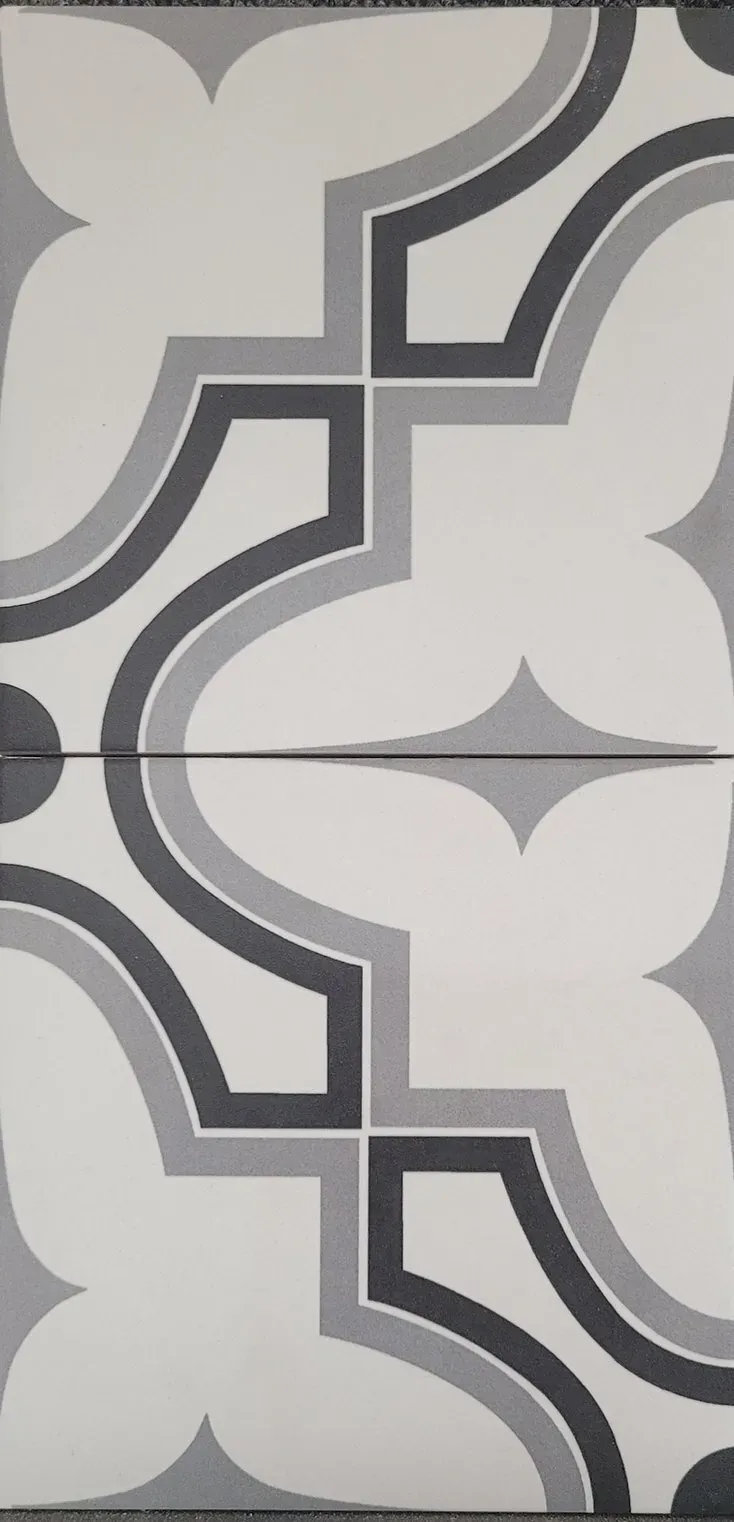 Gray and white geometric tile pattern with curved, interlocking lines