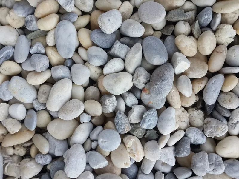 Close-up of smooth, light gray and beige pebbles filling the frame