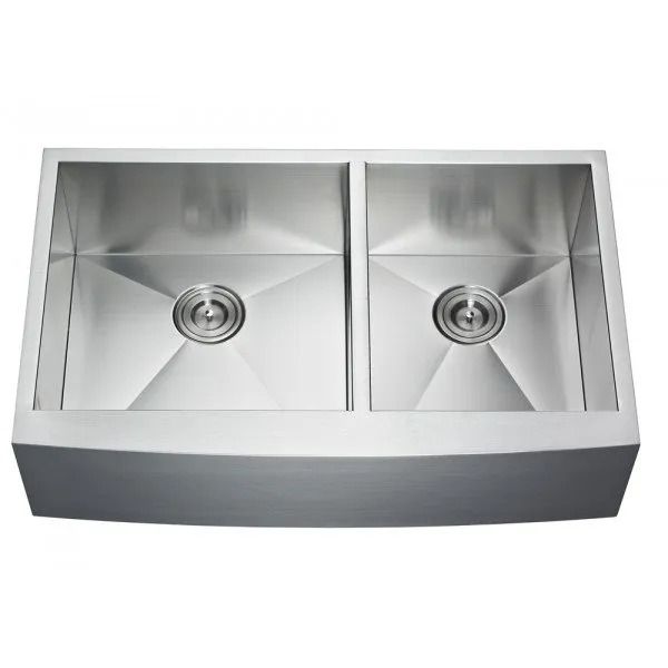 Stainless steel double-basin kitchen sink with two drains and a brushed finish