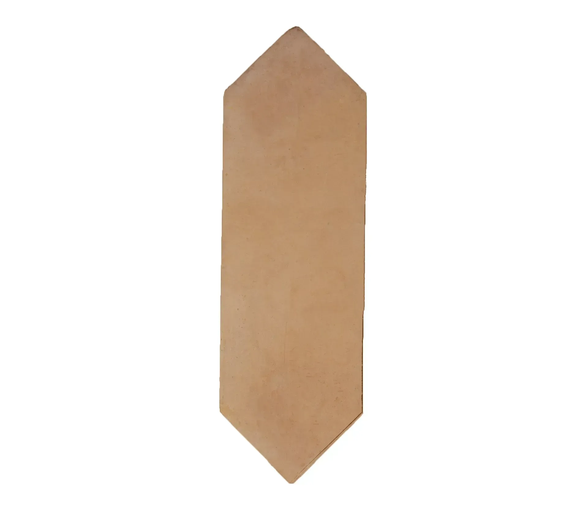 Tan geometric wooden plaque with pointed ends on a white background