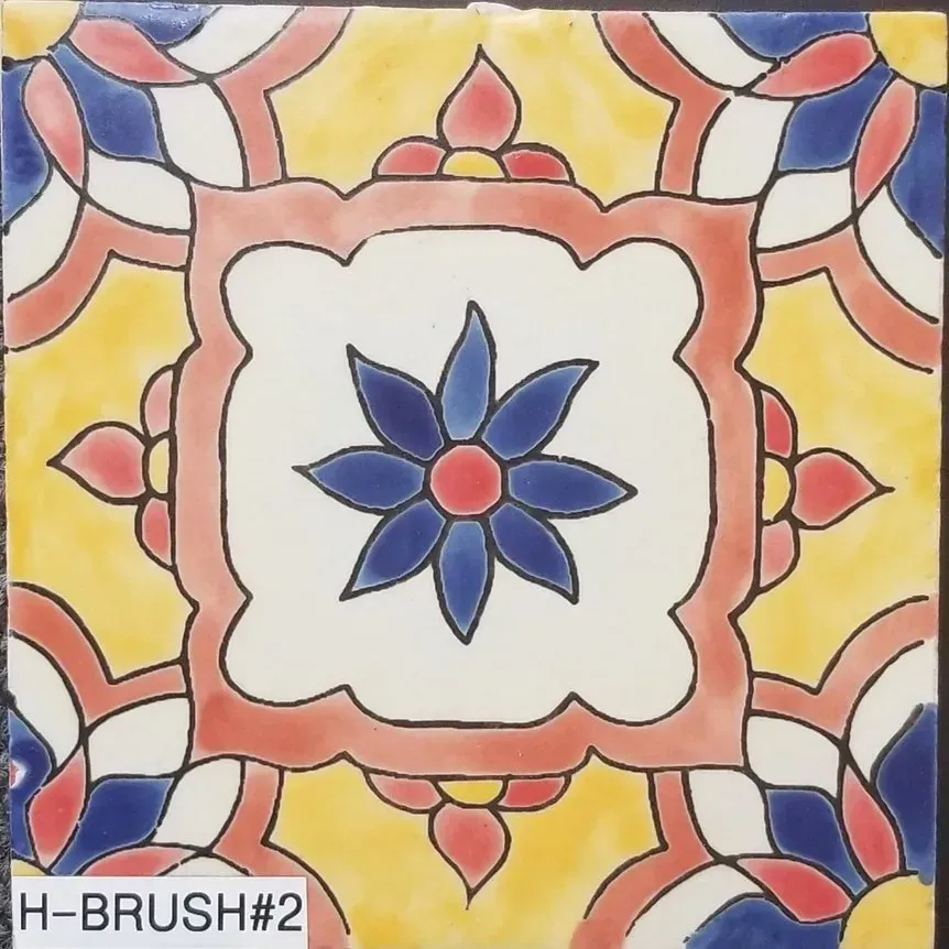 Colorful floral tile pattern with a blue flower center, pink scalloped border, and yellow accents
