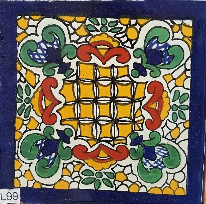 Colorful hand-drawn floral tile with yellow center, blue corners, red accents, and green leaves on white background