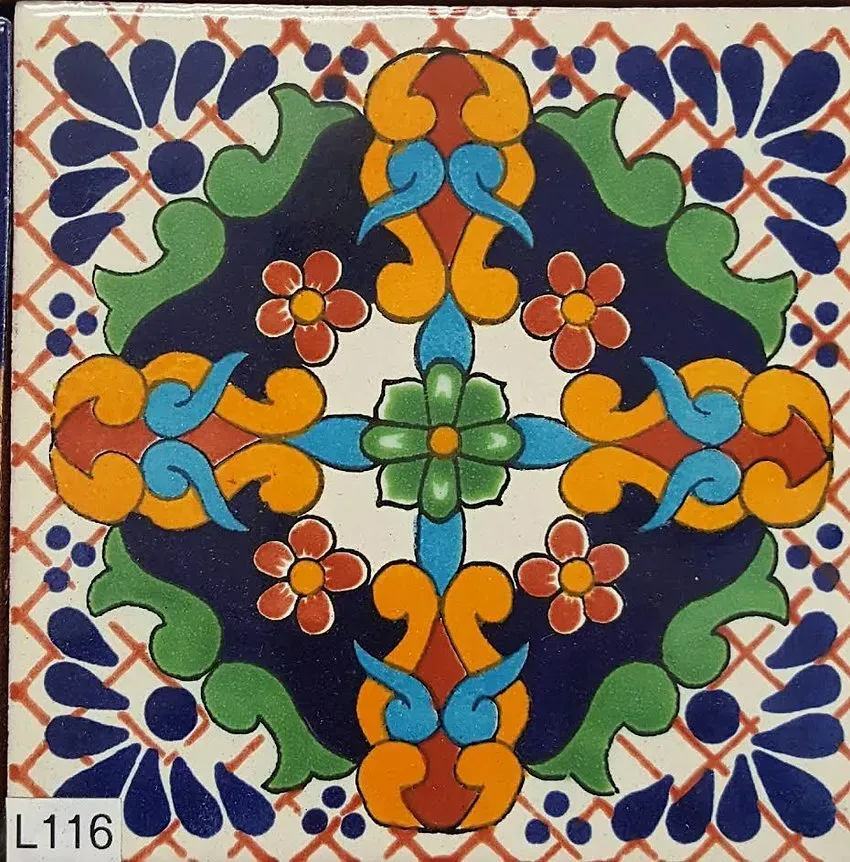 Colorful symmetrical floral tile pattern with blue, green, orange, and red motifs on a cream background
