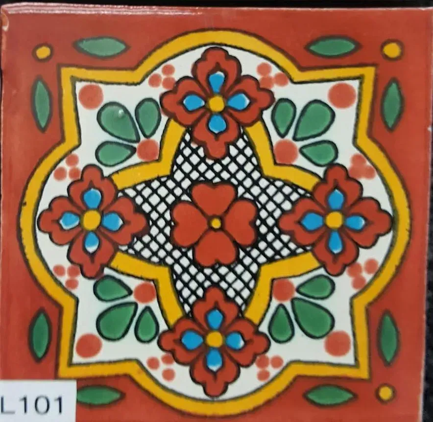 Colorful floral mandala on red background with yellow border and green leaf motifs, labeled L101