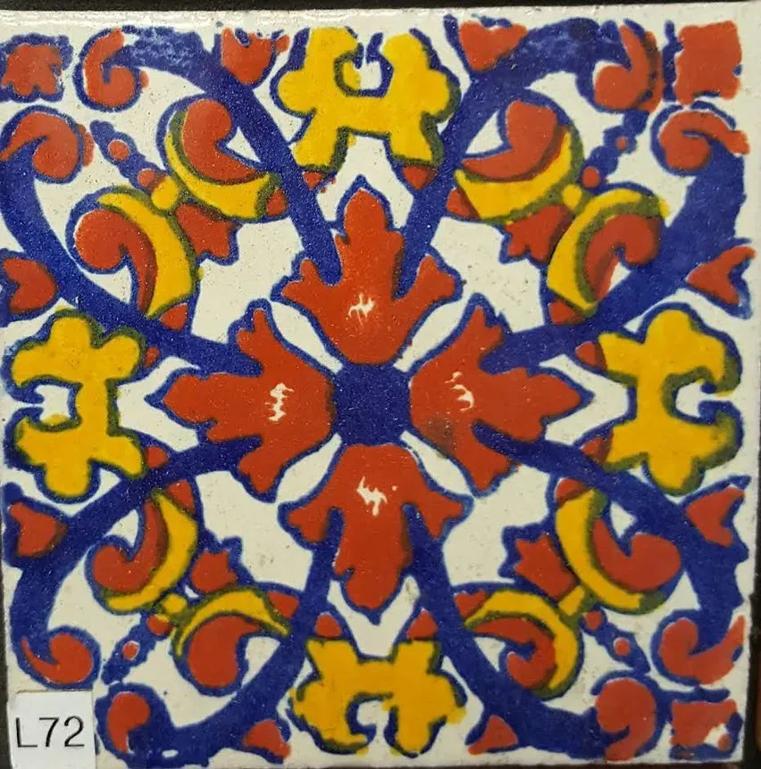 Colorful blue, red, yellow, and orange geometric tile pattern with a central starburst design.