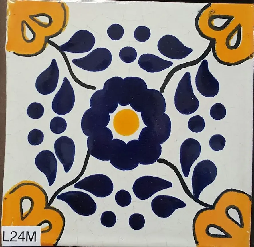 Blue and orange floral tile pattern with a central flower and four corner motifs
