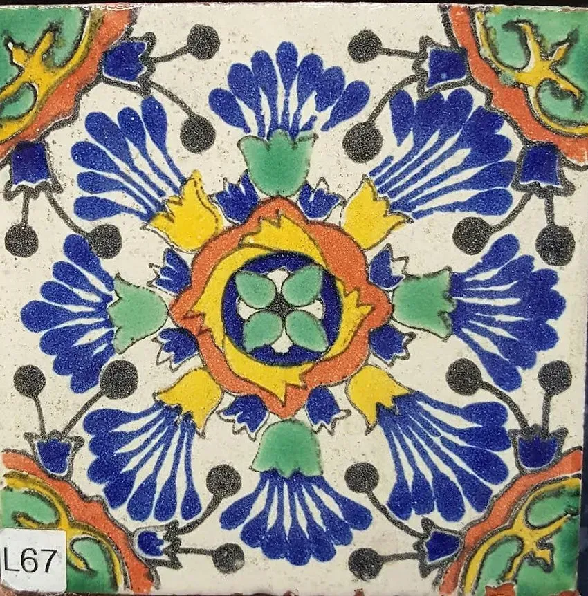 Symmetrical blue, yellow, green, and orange floral tile pattern