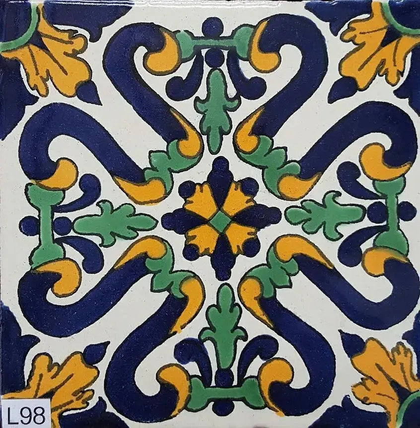 Colorful blue, green, and yellow geometric floral tile pattern with a small “L98” label in the corner