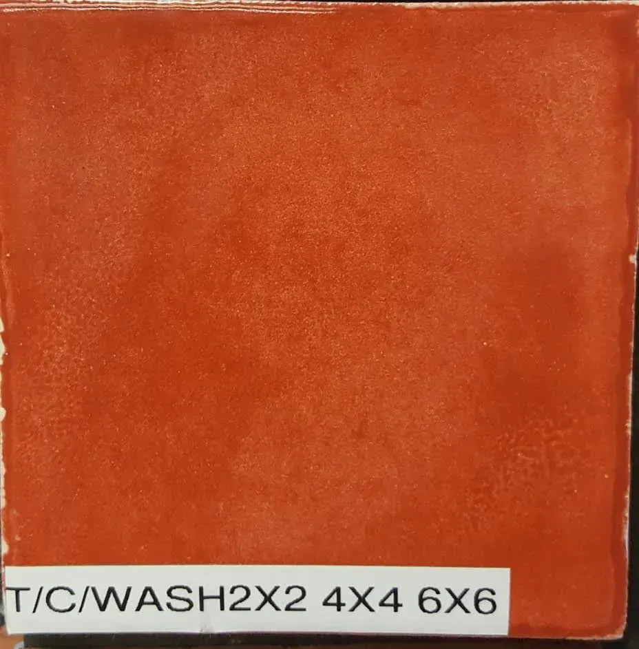 Orange-red textured square tile with a small white label reading “T/C/WASH2X2 4X4 6X6”