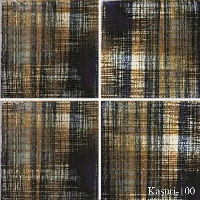 Four-panel abstract plaid textile pattern in brown, black, and gold, labeled Kasuri-100