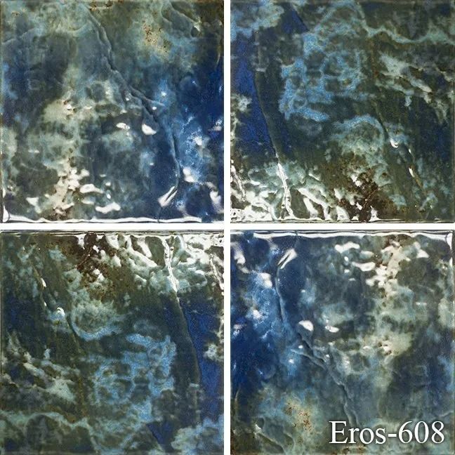 Four blue-green abstract panels with textured, cloudy patterns and white highlights.