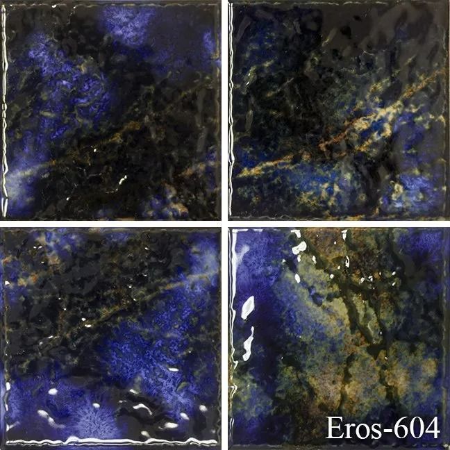 Abstract blue, black, and gold marbled artwork in four panels.