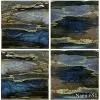 Four-panel abstract landscape with dark blue water, green hills, and cloudy sky in muted tones