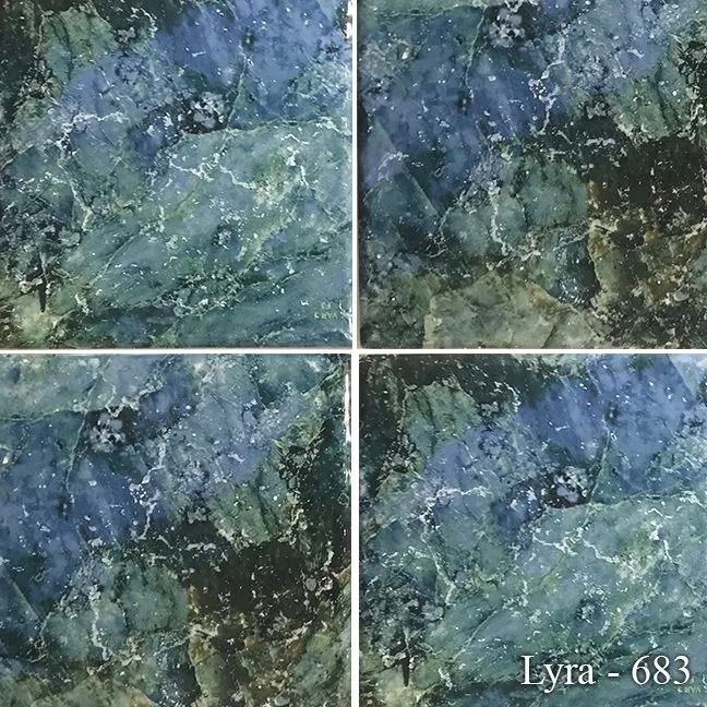 Blue-green marble tiles in a 2x2 grid with white grout and the label “Iyra - 683” in the corner