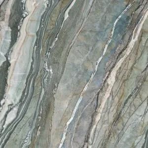 Gray and green marble surface with diagonal white and brown veining