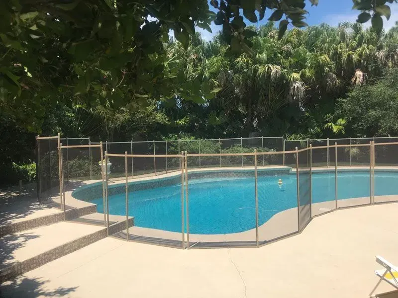 Outdoor swimming pool enclosed by a metal safety fence, surrounded by trees and greenery.