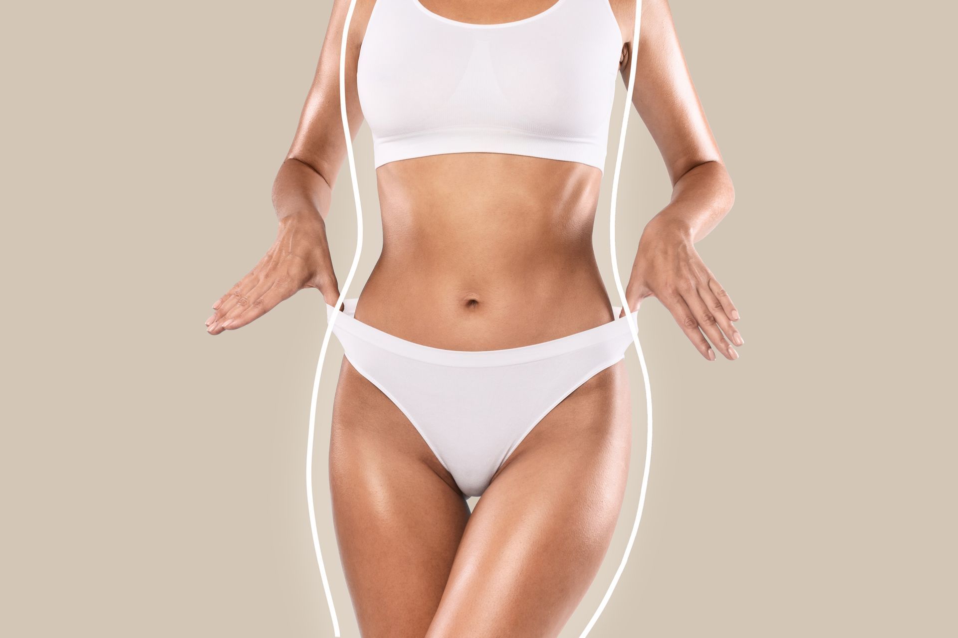 An image of a skinny woman with a white sports bra and white underwear