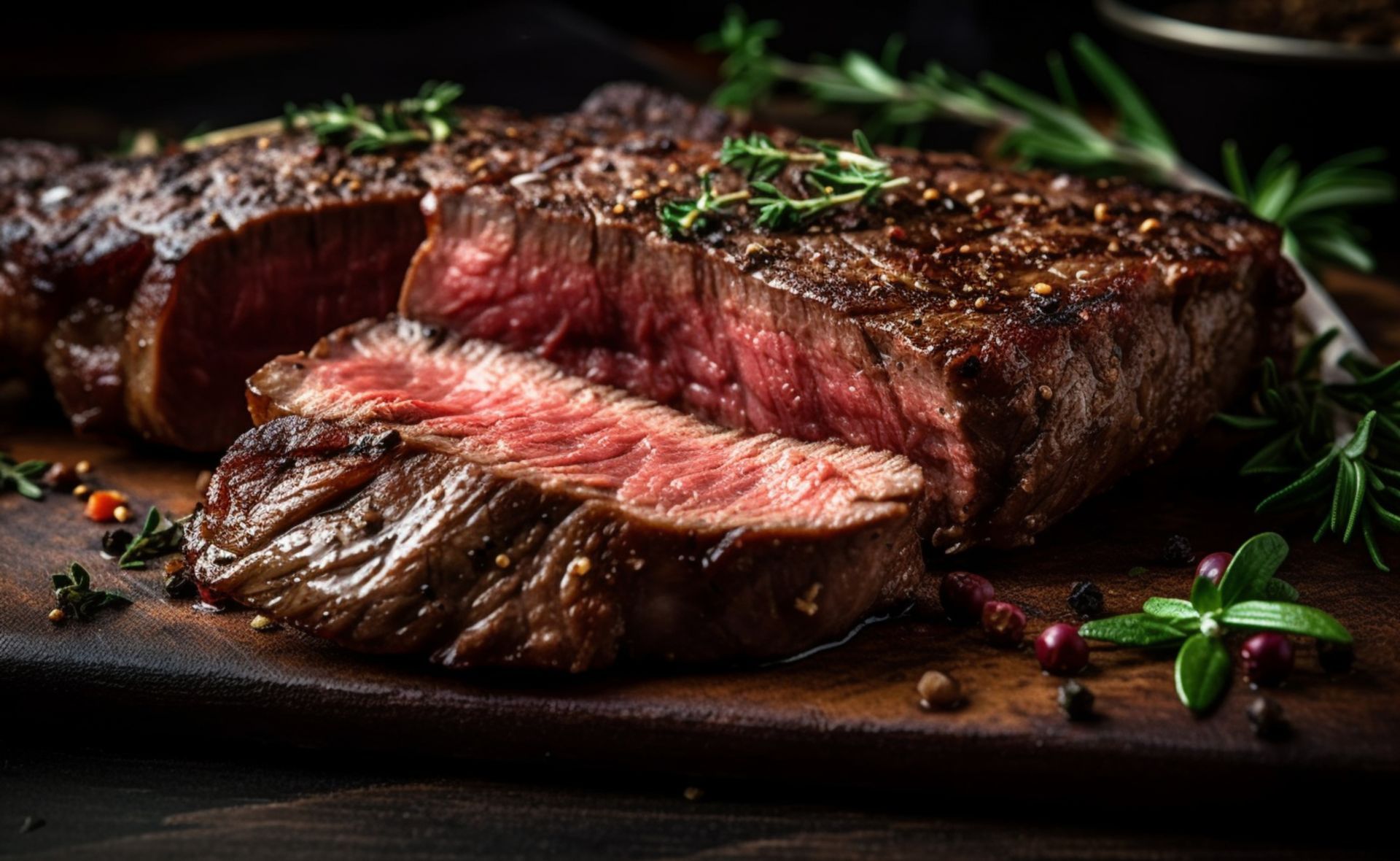 Cooked steak on a wooden cutting board