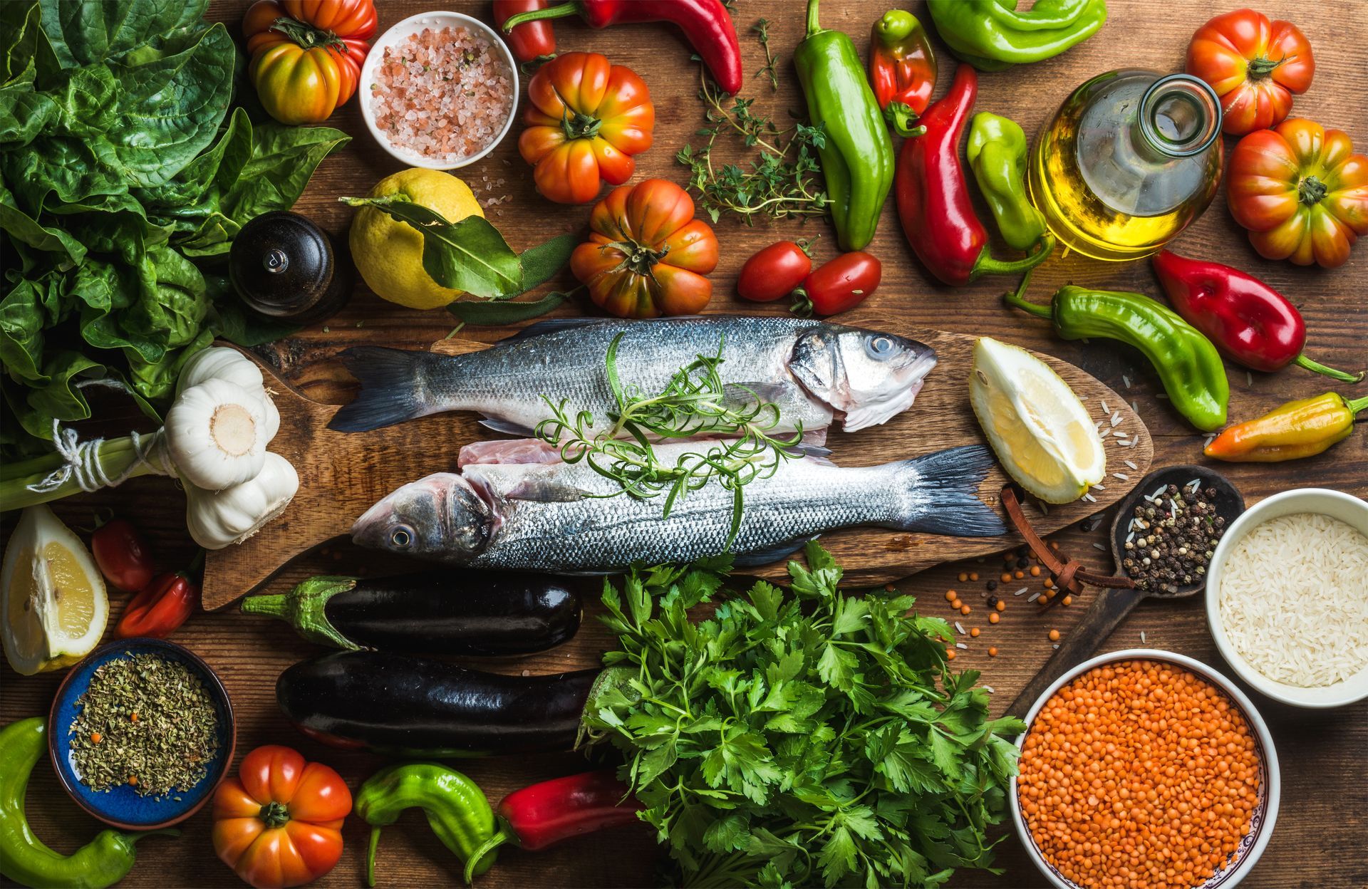 A table full of mediterranean friendly foods