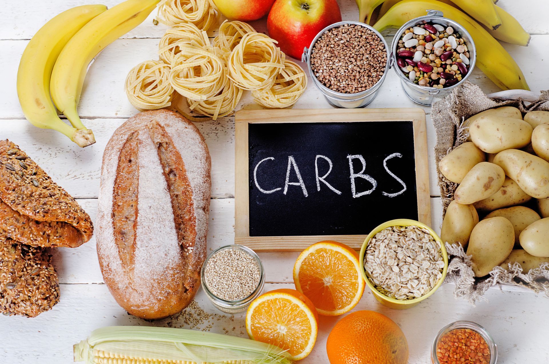 A table full of simple and complex carbohydrates