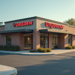 Exterior of Unguaine clinic in a brick building with red neon signage.