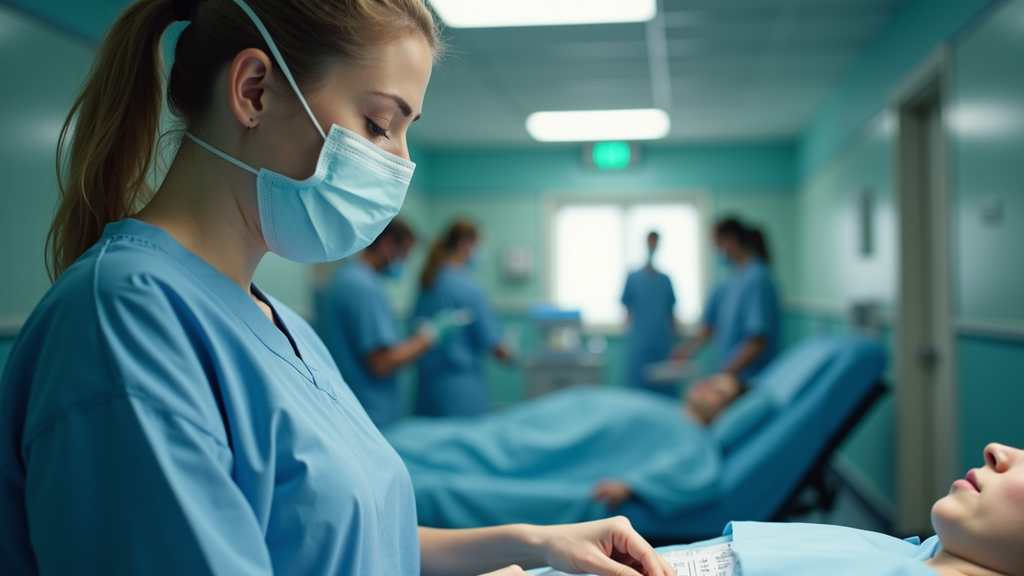 Nurse in blue scrubs and mask tending to a patient in a hospital room.